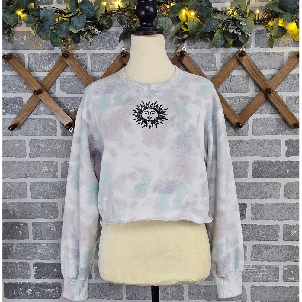 Hollister Womens Small Tie Dye Sun Embroidered Cropped Sweatshirt Pastel Blue
